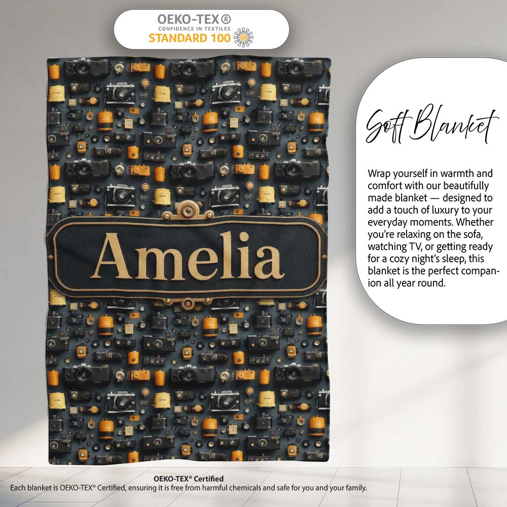 Classic Camera and Film Accessories Dark Seamless Pattern Custom Personalised Custom Name Super Soft Fleece Blanket Bed Sofa Throw