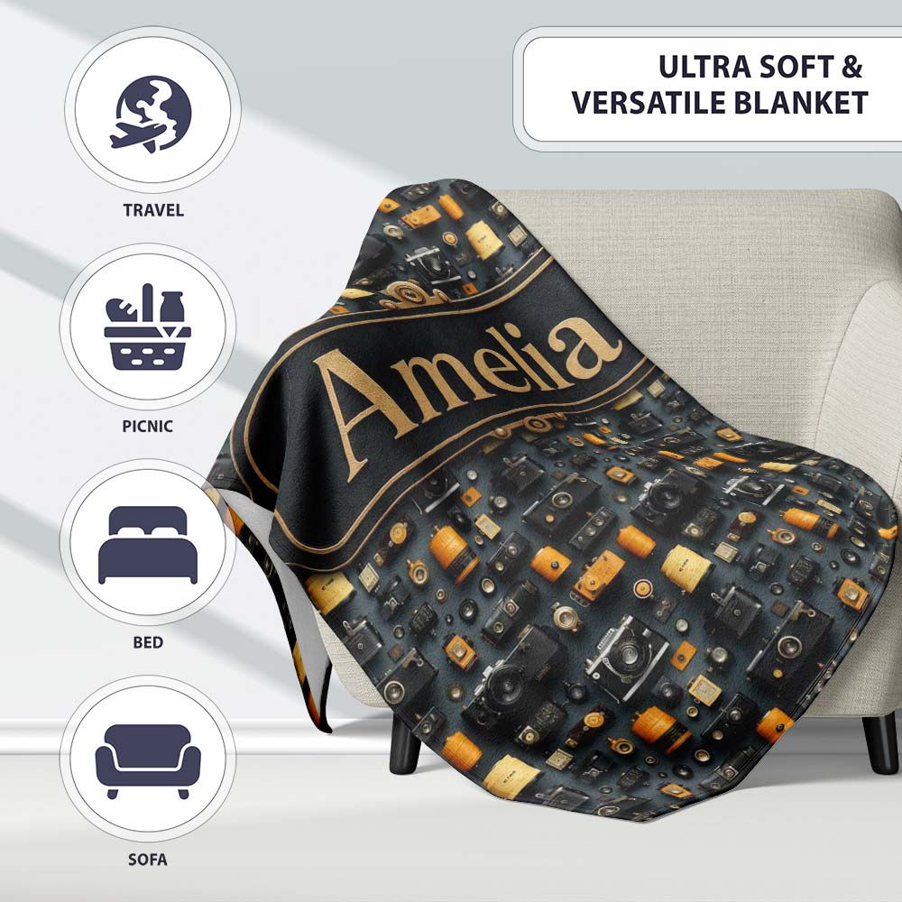 Classic Camera and Film Accessories Dark Seamless Pattern Custom Personalised Custom Name Super Soft Fleece Blanket Bed Sofa Throw