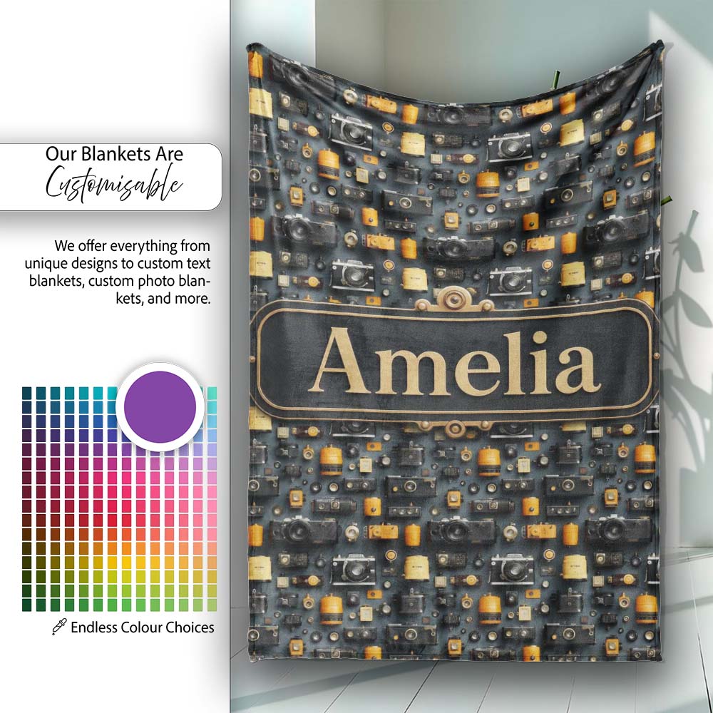 Classic Camera and Film Accessories Dark Seamless Pattern Custom Personalised Custom Name Super Soft Fleece Blanket Bed Sofa Throw