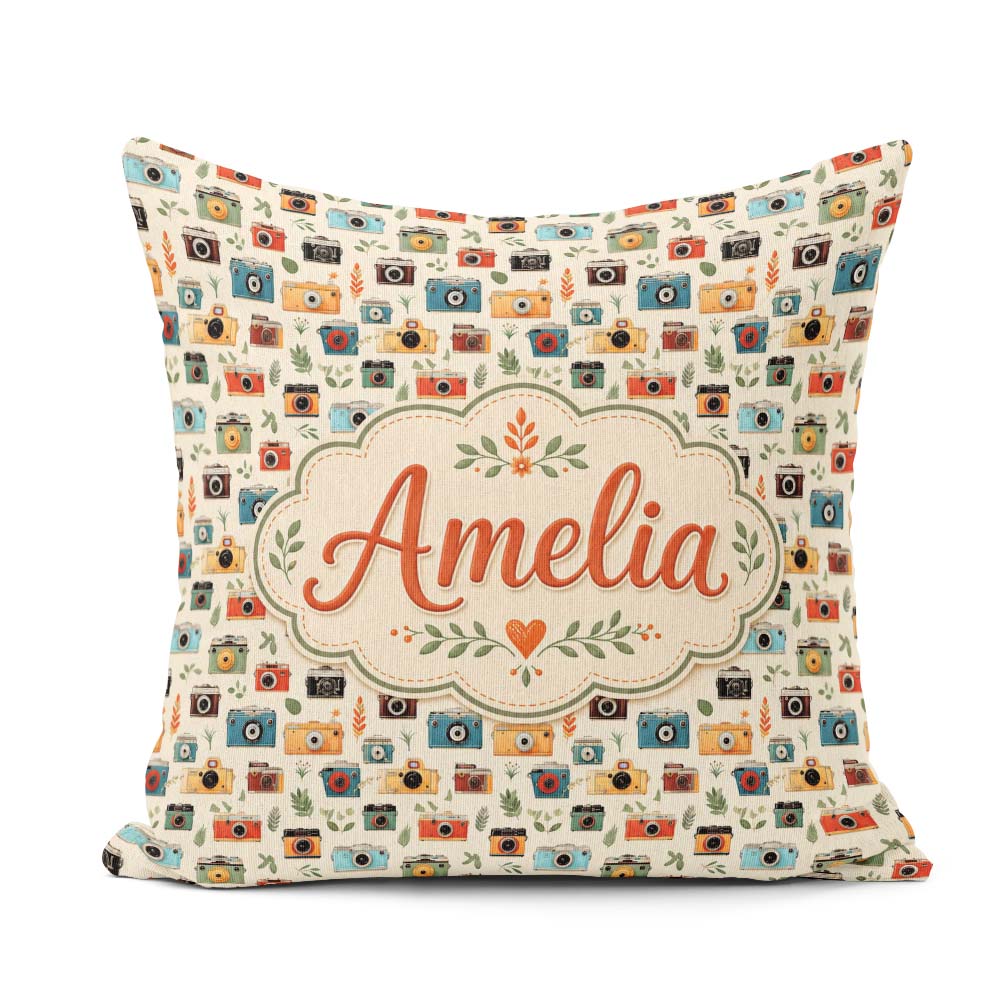 Custom Name Colorful Cameras with Leaves Seamless Pattern Cute Square Filled Cushion Throw Pillow Sofa Bed Home Decor Zip Washable UK Made