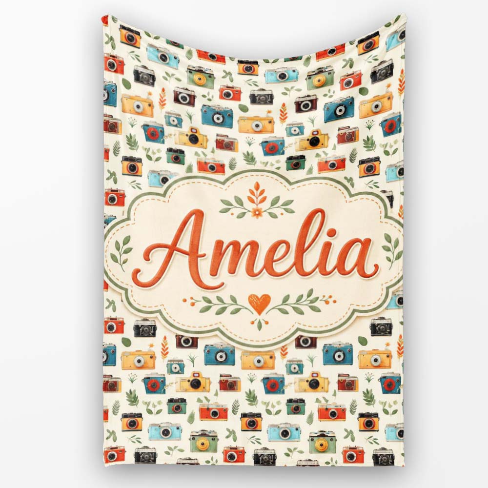 Colorful Cameras with Leaves Seamless Pattern Cute Personalised Custom Name Super Soft Fleece Blanket Bed Sofa Throw