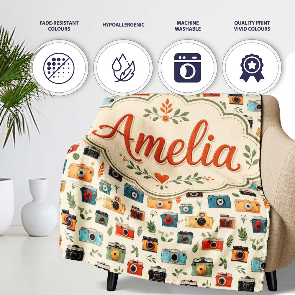 Colorful Cameras with Leaves Seamless Pattern Cute Personalised Custom Name Super Soft Fleece Blanket Bed Sofa Throw