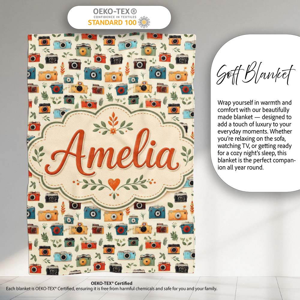 Colorful Cameras with Leaves Seamless Pattern Cute Personalised Custom Name Super Soft Fleece Blanket Bed Sofa Throw