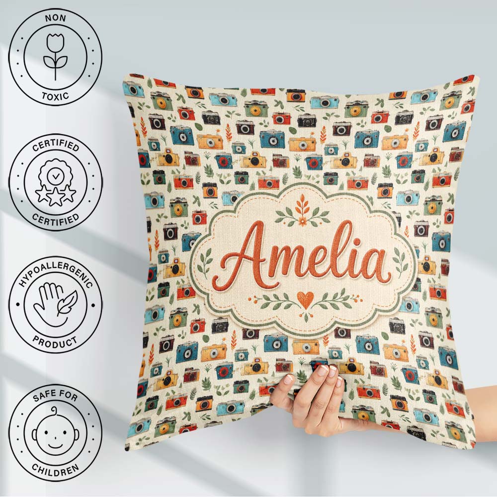 Custom Name Colorful Cameras with Leaves Seamless Pattern Cute Square Filled Cushion Throw Pillow Sofa Bed Home Decor Zip Washable UK Made
