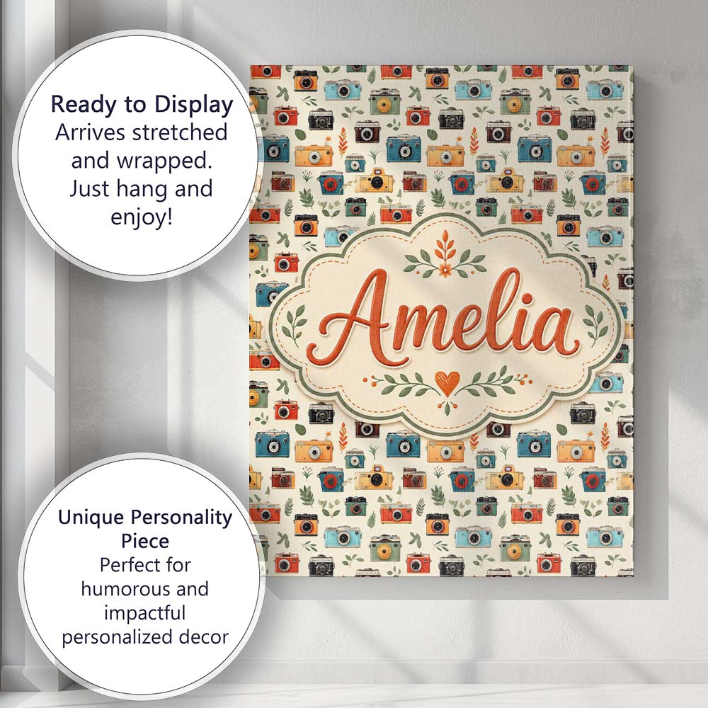Personalised Name Colorful Cameras with Custom Modern Room Accent Elegant Feature Canvas Wall Art Print Decor Picture Ready to Hang