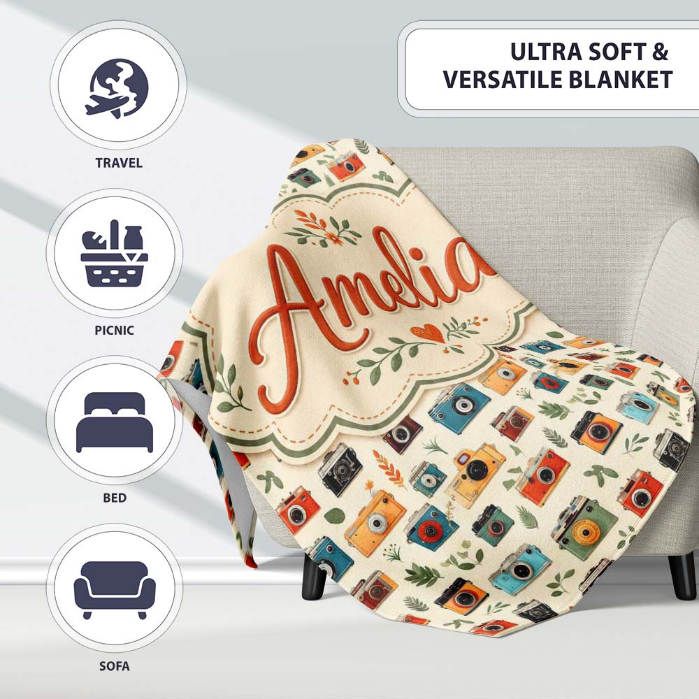 Colorful Cameras with Leaves Seamless Pattern Cute Personalised Custom Name Super Soft Fleece Blanket Bed Sofa Throw