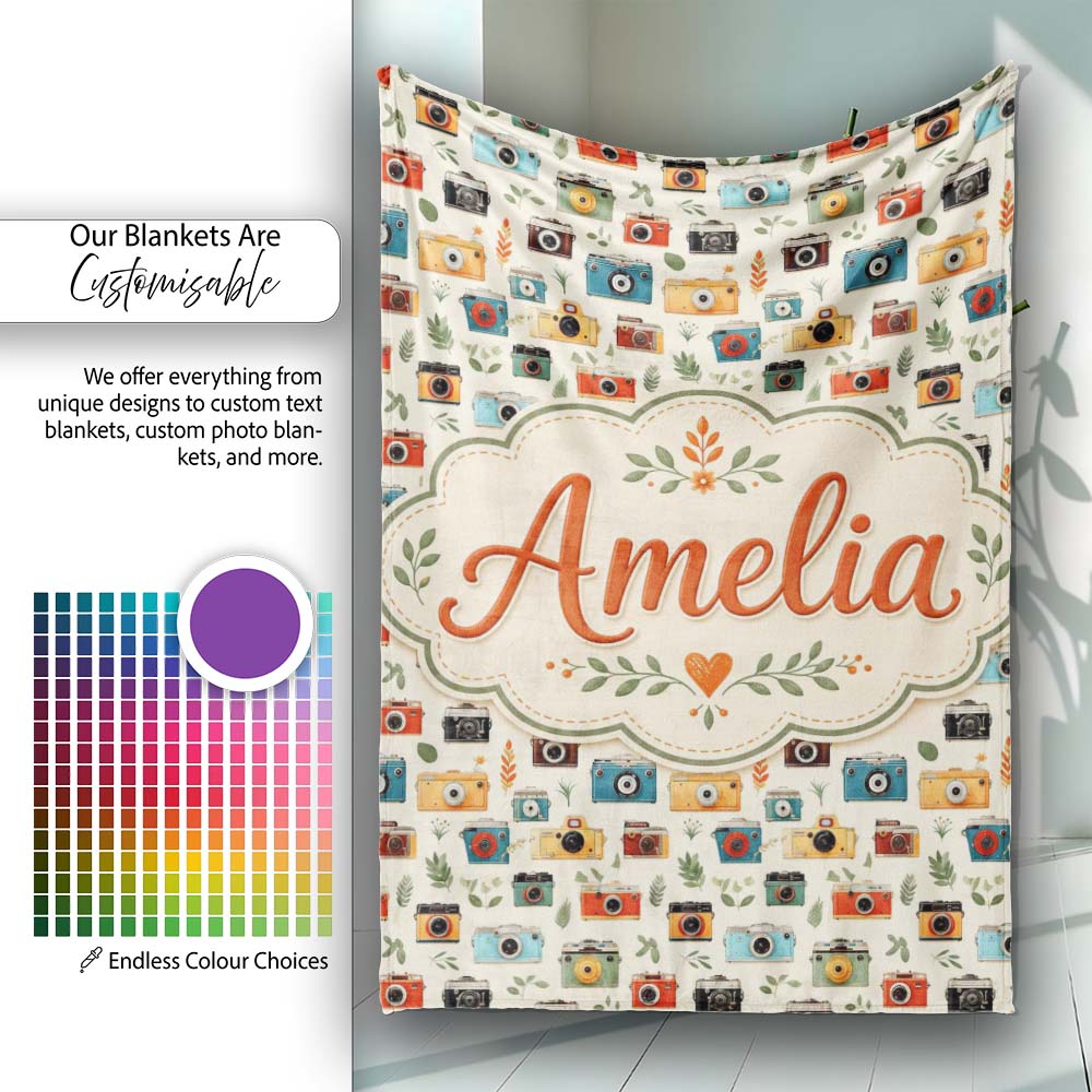 Colorful Cameras with Leaves Seamless Pattern Cute Personalised Custom Name Super Soft Fleece Blanket Bed Sofa Throw