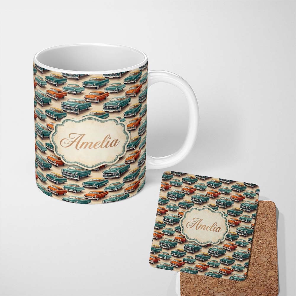 Personalized Custom Name Classic Vintage Cars Style Seamless Pattern Name Cute Unique Gift 11oz Ceramic Coffee Tea Mug White Large Handle