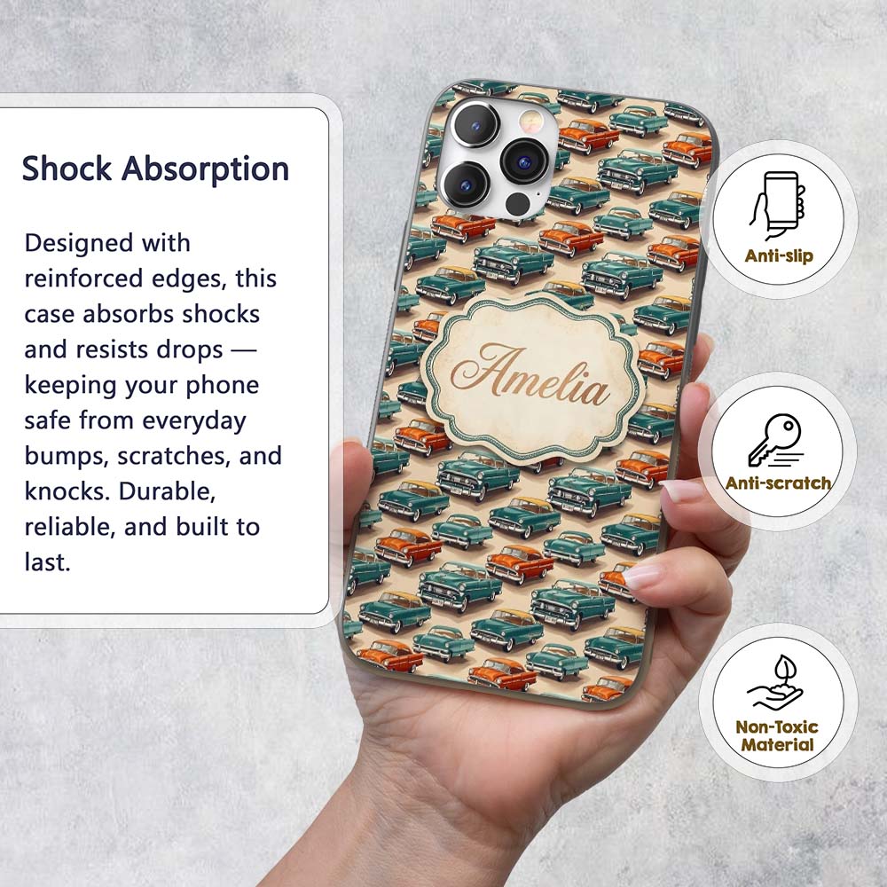 Classic Vintage Cars Style Seamless Pattern Name Custom Name Protective Phone Case Mobile Cover Durable Everyday Smartphone Shock Resistant