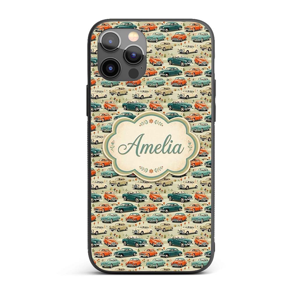Colorful Classic Cars with Floral Detail Seamless Custom Name Protective Phone Case Mobile Cover Durable Everyday Smartphone Shock Resistant