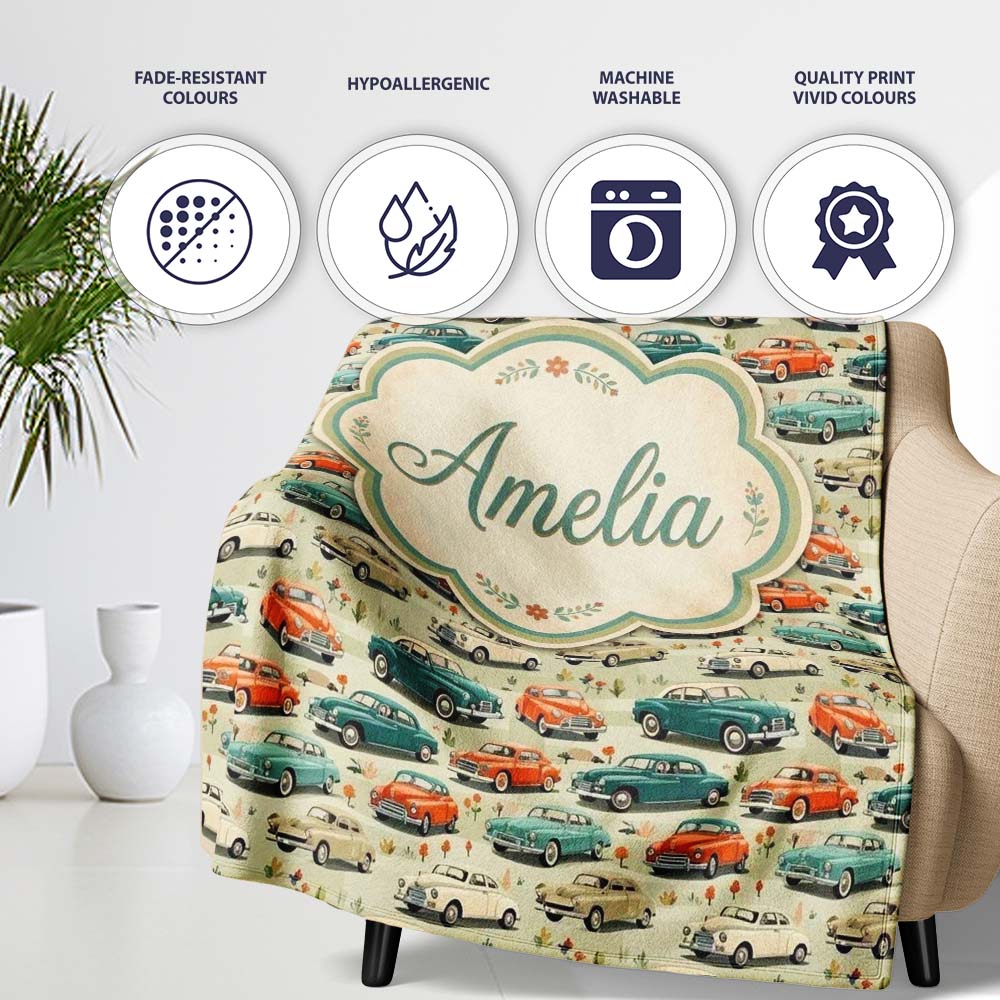 Colorful Classic Cars with Floral Detail Seamless Pattern Custom Personalised Custom Name Super Soft Fleece Blanket Bed Sofa Throw