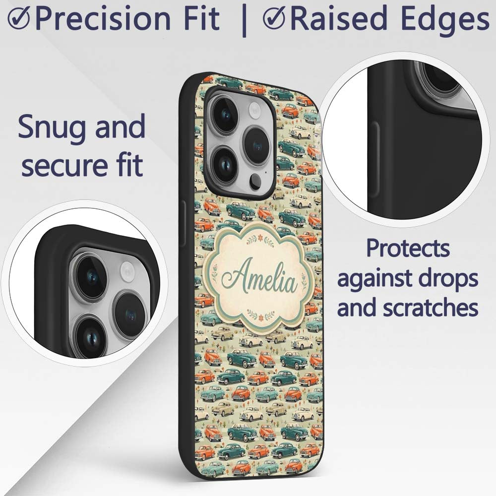 Colorful Classic Cars with Floral Detail Seamless Custom Name Protective Phone Case Mobile Cover Durable Everyday Smartphone Shock Resistant