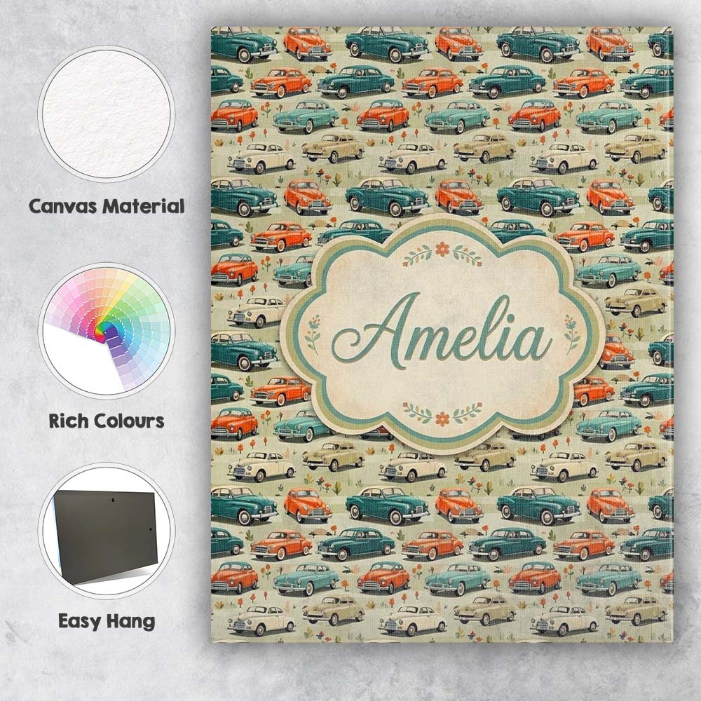 Personalised Name Colorful Classic Cars Custom Modern Room Accent Elegant Feature Canvas Wall Art Print Decor Picture Ready to Hang