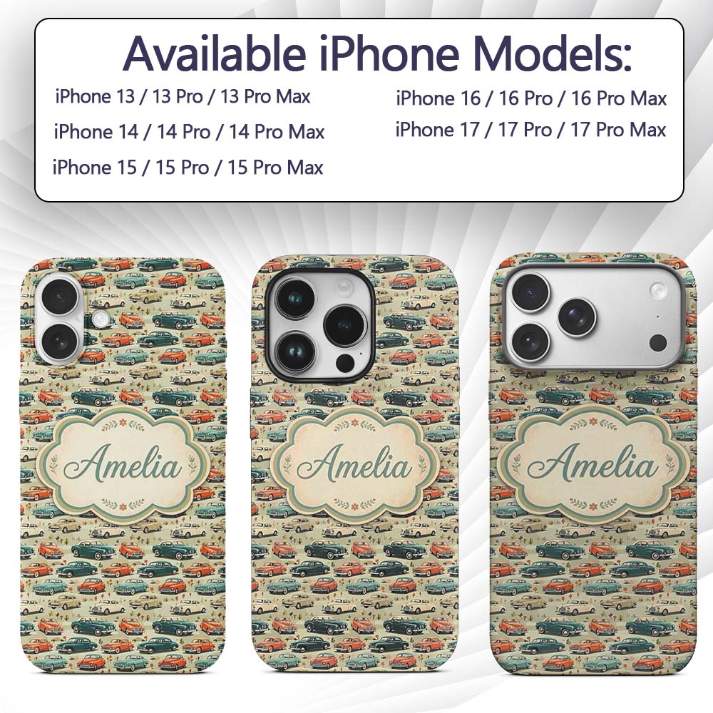Colorful Classic Cars with Floral Detail Seamless Custom Name Protective Phone Case Mobile Cover Durable Everyday Smartphone Shock Resistant