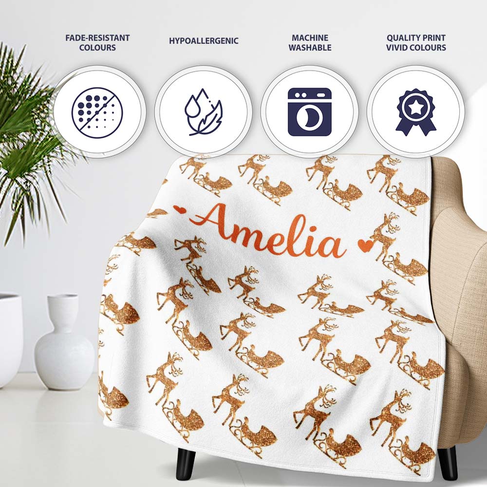 Gold Glitter Reindeer Sleigh Christmas White Background Seamless Personalised Custom Name Super Soft Fleece Blanket Bed Sofa Throw