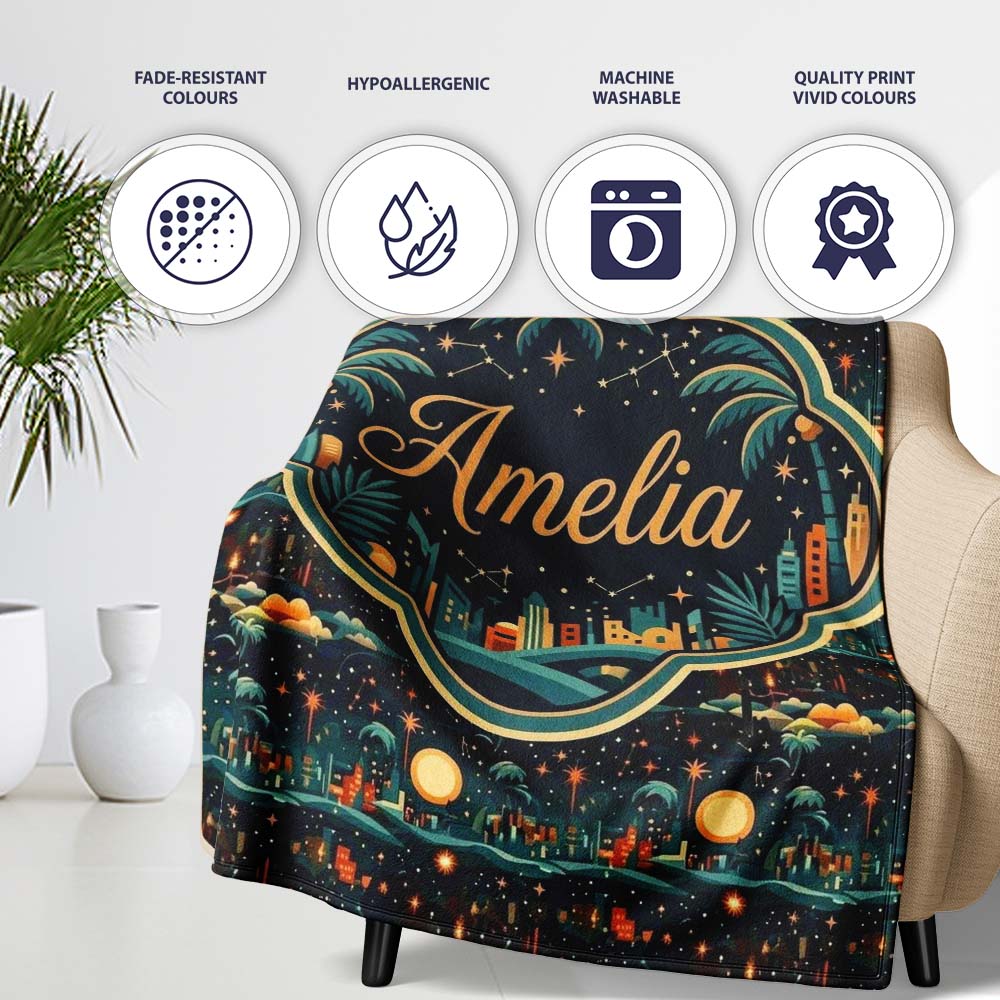 Night City Skyline Fireworks Moonlit Sky Seamless Pattern Custom Personalised Custom Name Super Soft Fleece Blanket Bed Sofa Throw