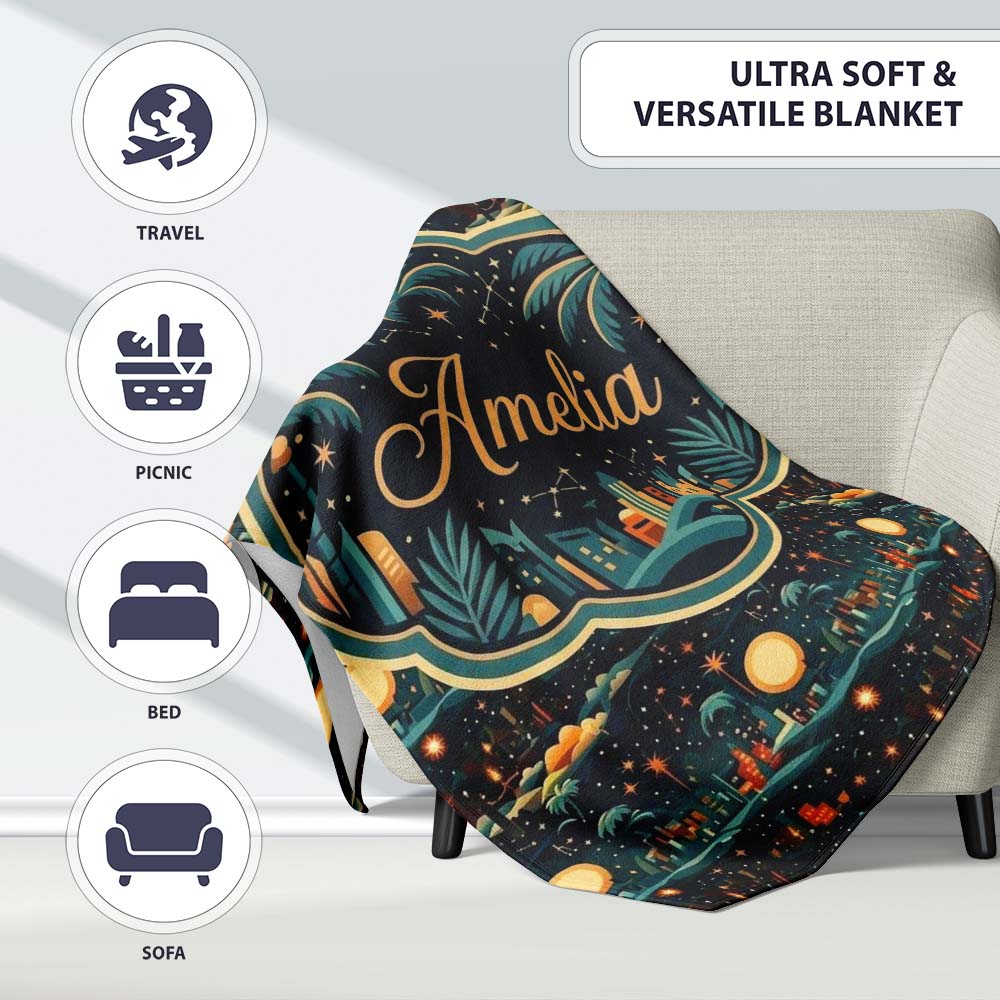 Night City Skyline Fireworks Moonlit Sky Seamless Pattern Custom Personalised Custom Name Super Soft Fleece Blanket Bed Sofa Throw