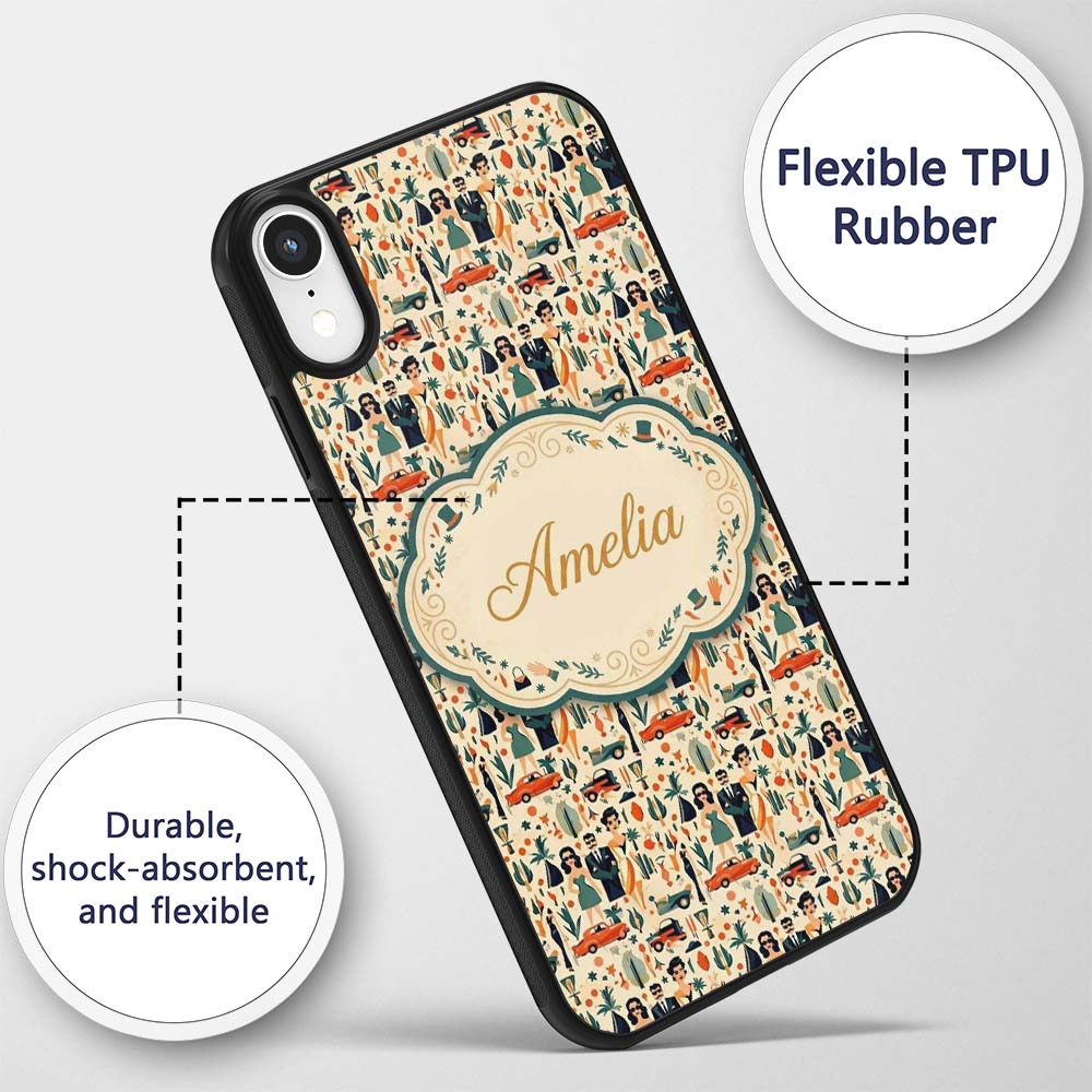 Mid Century Fashion People Cars Abstract Seamless Custom Name Protective Phone Case Mobile Cover Durable Everyday Smartphone Shock Resistant
