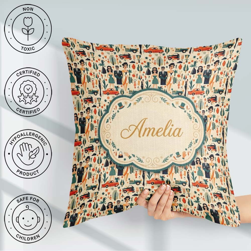 Custom Name Mid Century Fashion People Abstract Seamless Pattern Square Filled Cushion Throw Pillow Sofa Bed Home Decor Zip Washable UK Made