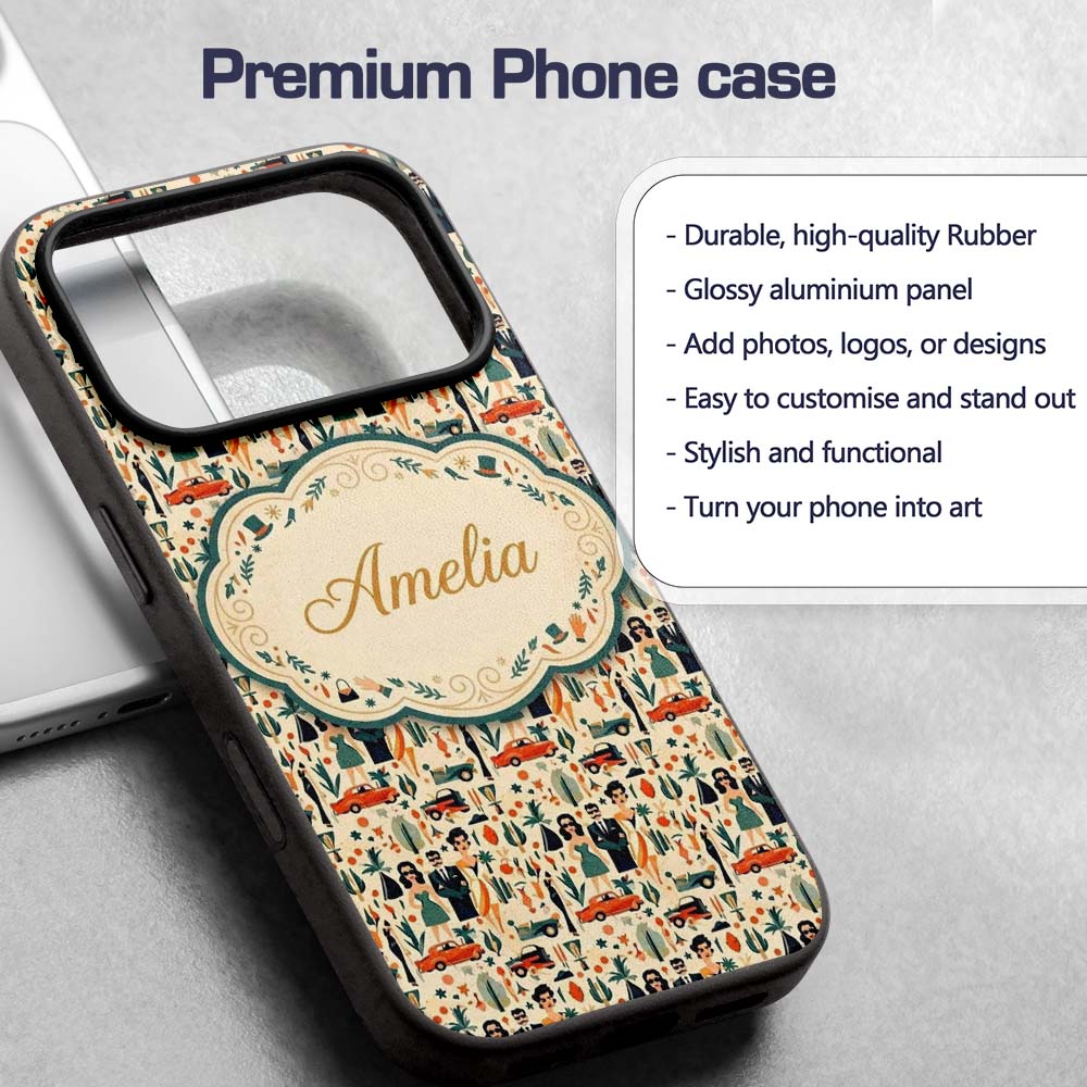 Mid Century Fashion People Cars Abstract Seamless Custom Name Protective Phone Case Mobile Cover Durable Everyday Smartphone Shock Resistant