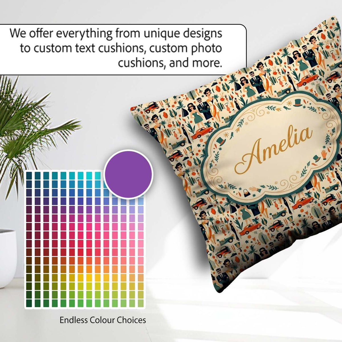 Custom Name Mid Century Fashion People Abstract Seamless Pattern Square Filled Cushion Throw Pillow Sofa Bed Home Decor Zip Washable UK Made