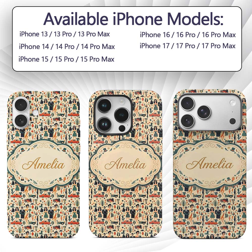 Mid Century Fashion People Cars Abstract Seamless Custom Name Protective Phone Case Mobile Cover Durable Everyday Smartphone Shock Resistant