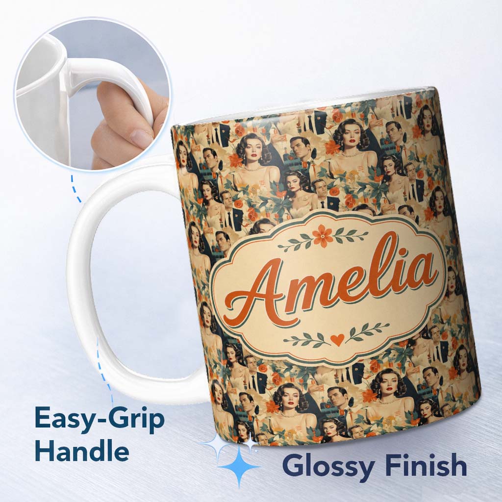 Personalized Custom Name Vintage Elegant Couple Floral Classic Style Seamless Pattern Name 11oz Ceramic Coffee Tea Mug White Large Handle