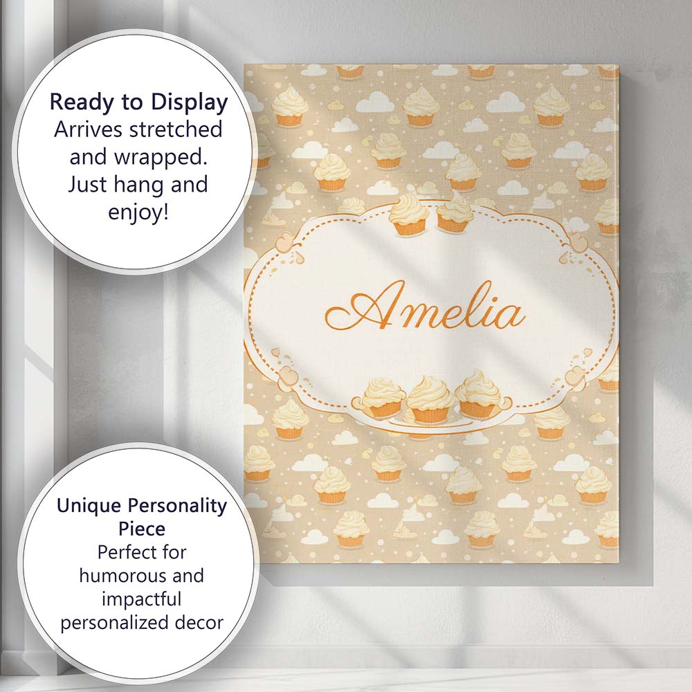Personalised Name Cute Cupcake and Clouds Sweet Dessert Seamless Custom Interior Canvas Wall Art Print Decor Picture Ready to Hang