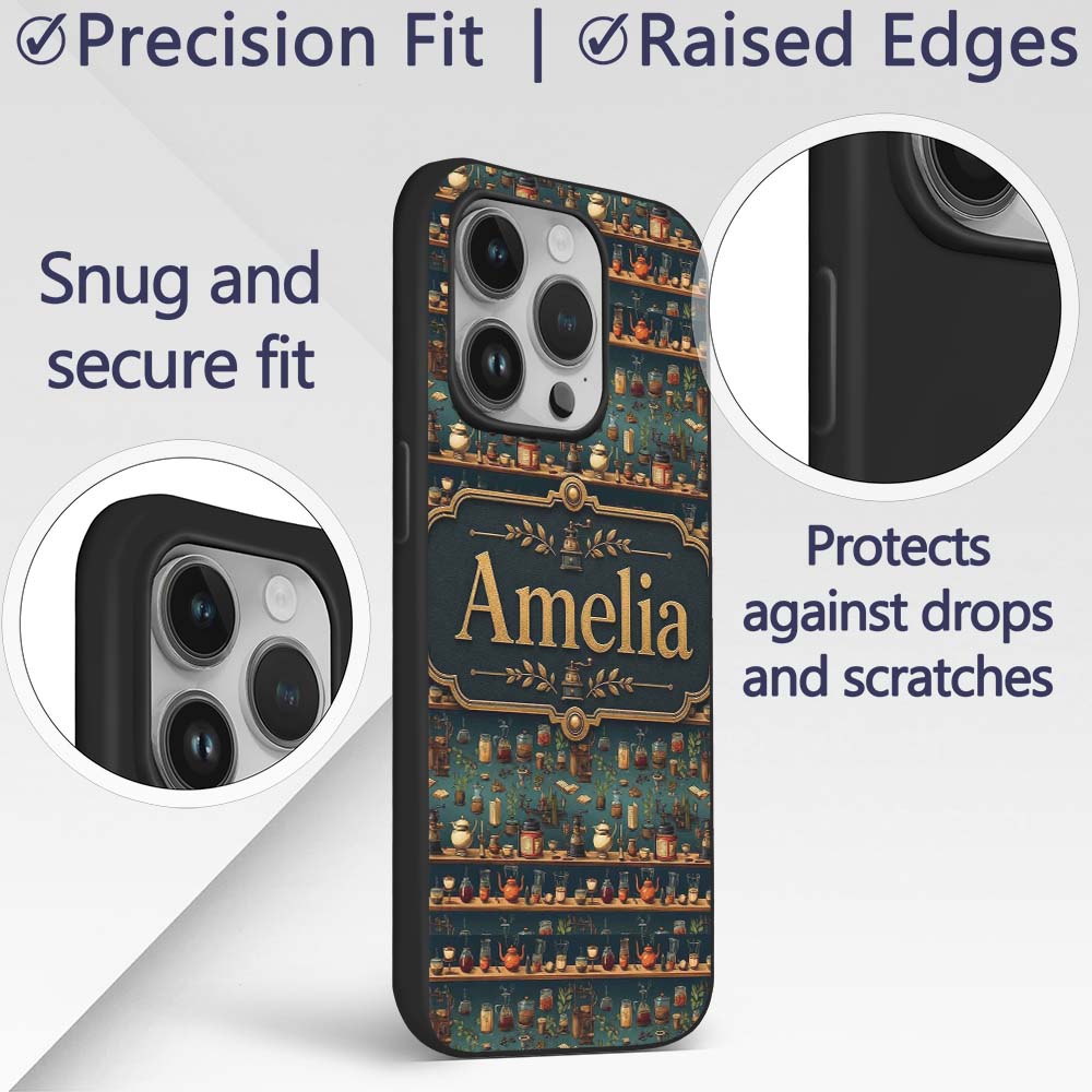 Apothecary Shelf Bottles Herbs Vintage Seamless Custom Name Protective Phone Case Mobile Cover Durable Everyday Smartphone Shock Resistant