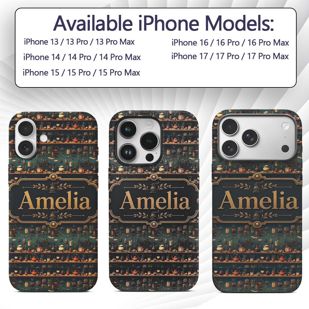 Apothecary Shelf Bottles Herbs Vintage Seamless Custom Name Protective Phone Case Mobile Cover Durable Everyday Smartphone Shock Resistant