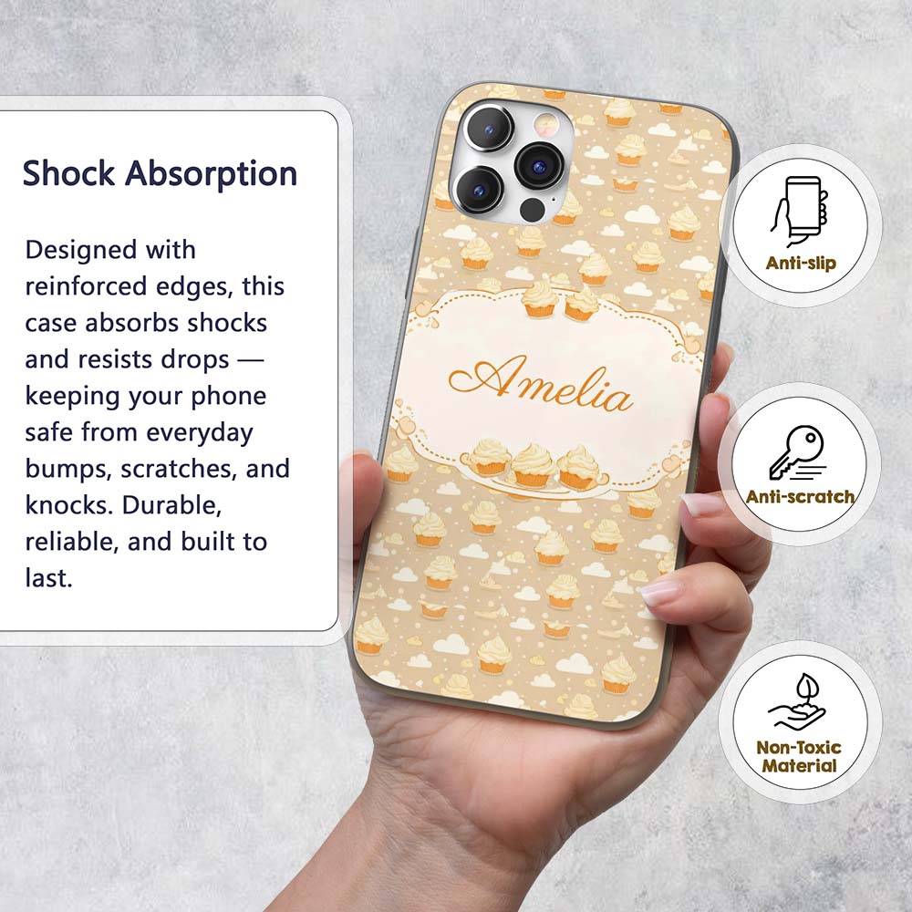 Cute Cupcake and Clouds Sweet Dessert Seamless Custom Name Protective Phone Case Mobile Cover Durable Everyday Smartphone Shock Resistant