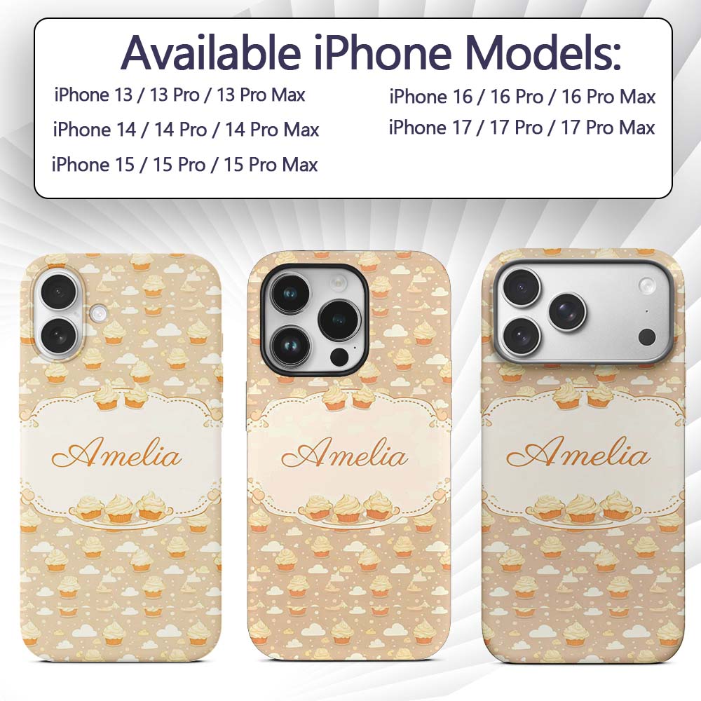 Cute Cupcake and Clouds Sweet Dessert Seamless Custom Name Protective Phone Case Mobile Cover Durable Everyday Smartphone Shock Resistant