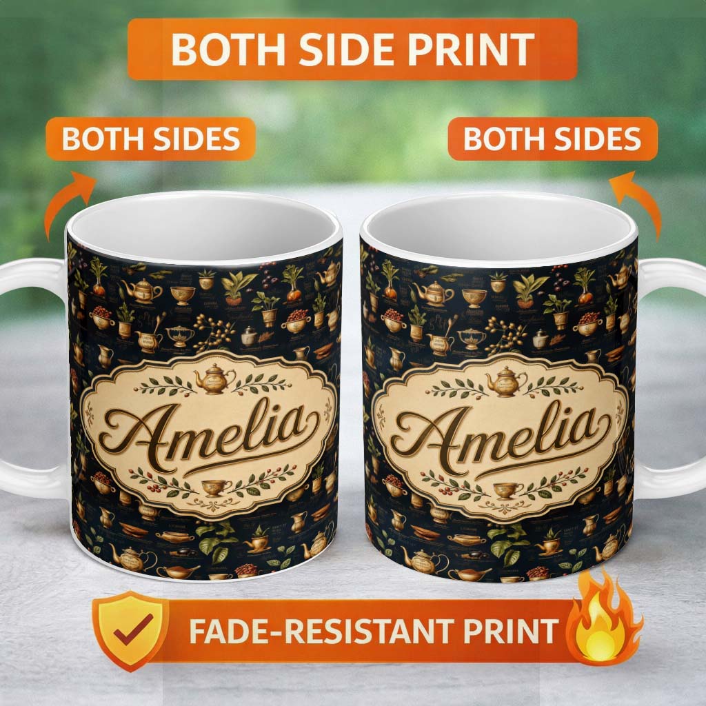 Personalized Custom Name Dark Botanical Tea Coffee Herbs Vintage Seamless Pattern Name Cute 11oz Ceramic Coffee Tea Mug White Large Handle