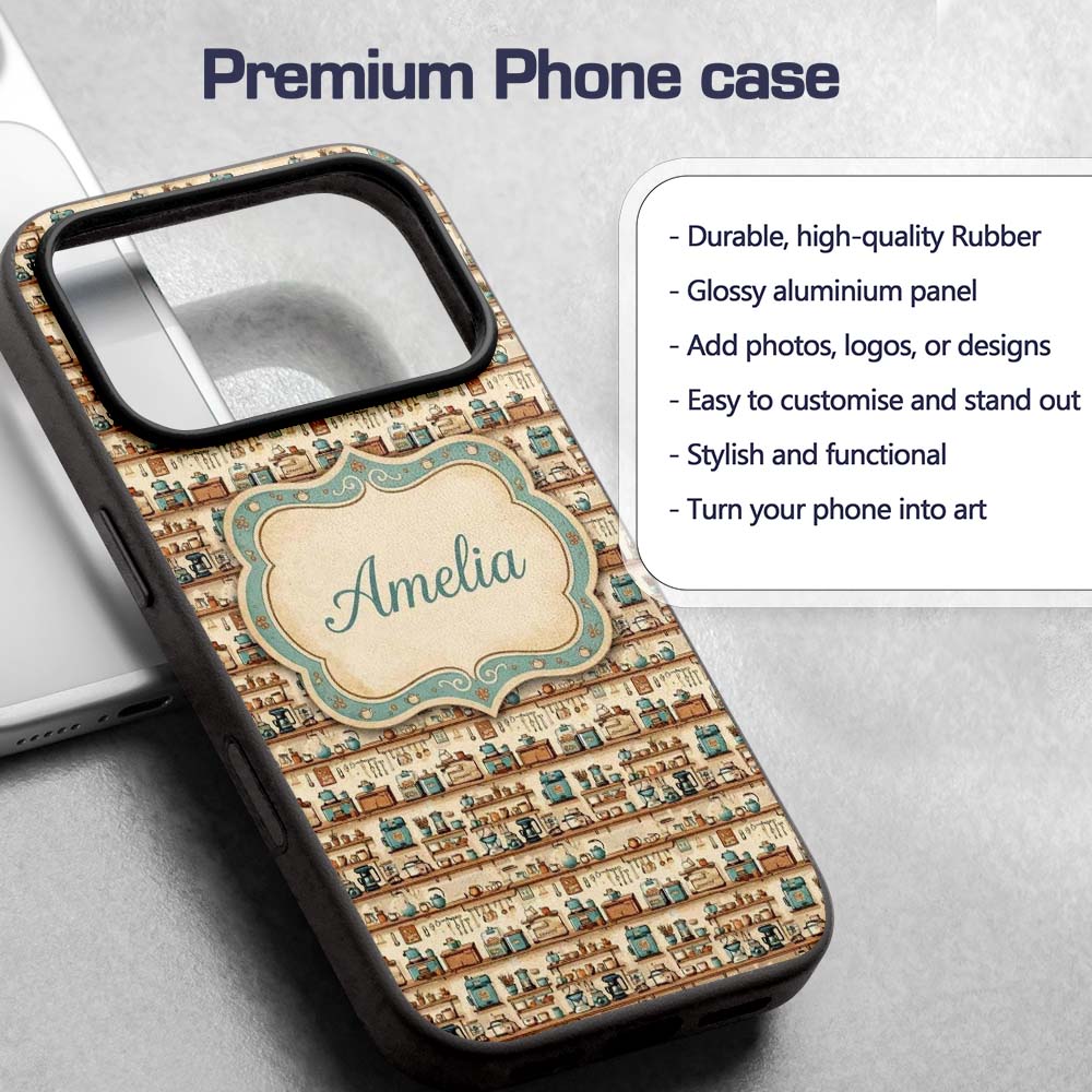 Vintage Shelves Utensils Appliances Seamless Custom Name Protective Phone Case Mobile Cover Durable Everyday Smartphone Shock Resistant