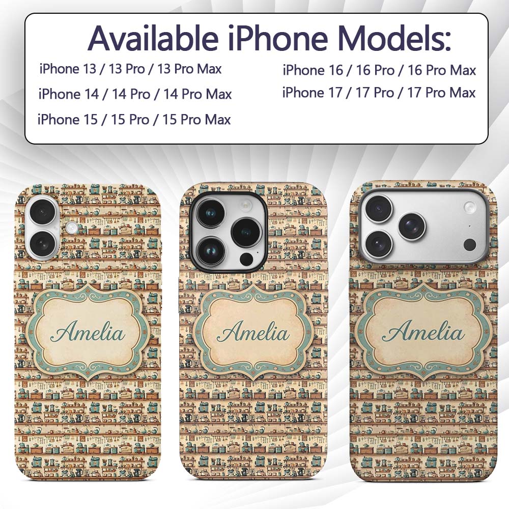 Vintage Shelves Utensils Appliances Seamless Custom Name Protective Phone Case Mobile Cover Durable Everyday Smartphone Shock Resistant