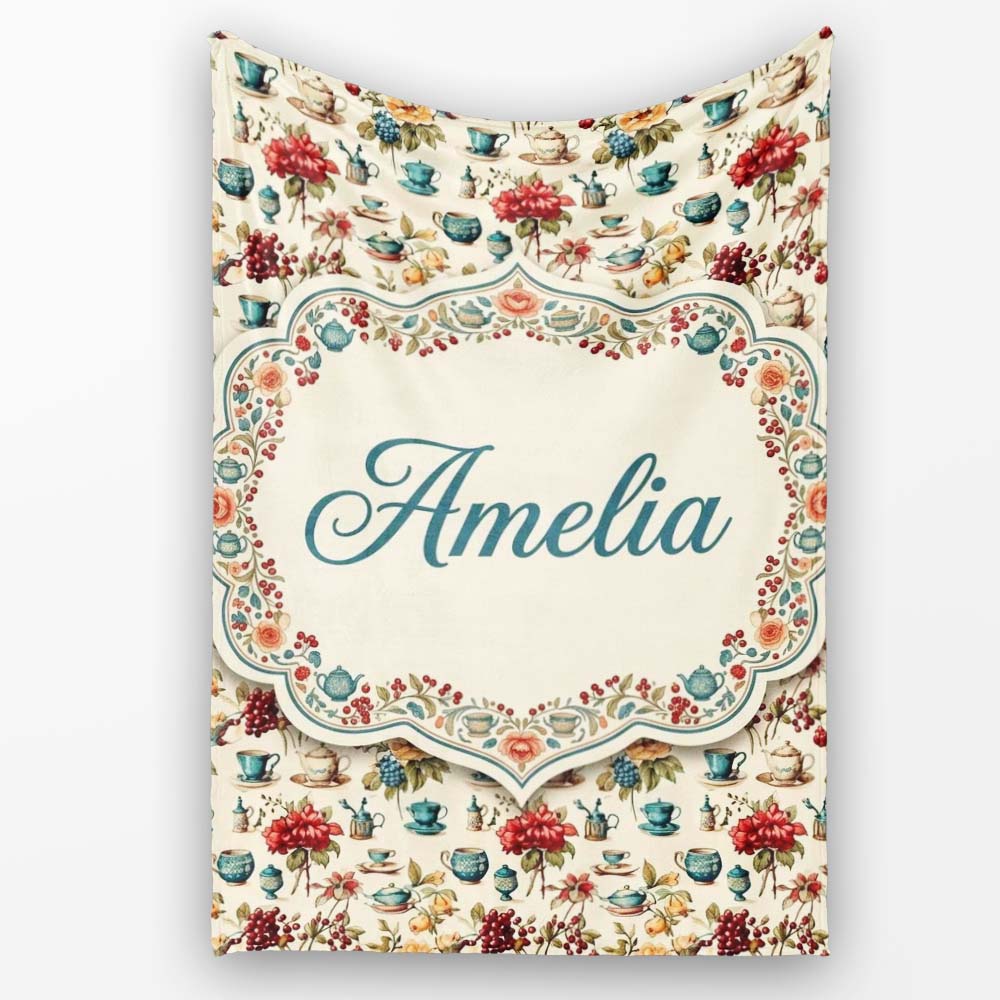 Floral Tea Cups Vintage Botanical Garden Seamless Pattern Custom Personalised Custom Name Super Soft Fleece Blanket Bed Sofa Throw