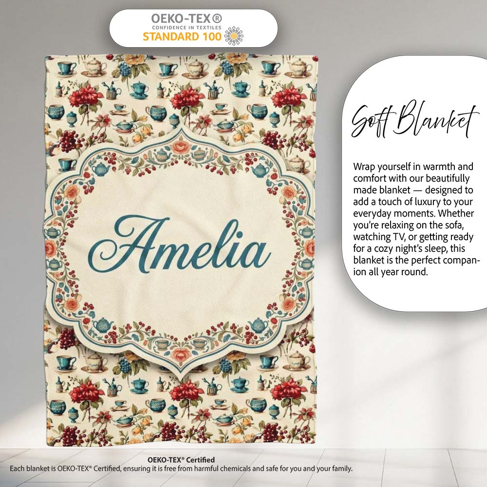 Floral Tea Cups Vintage Botanical Garden Seamless Pattern Custom Personalised Custom Name Super Soft Fleece Blanket Bed Sofa Throw