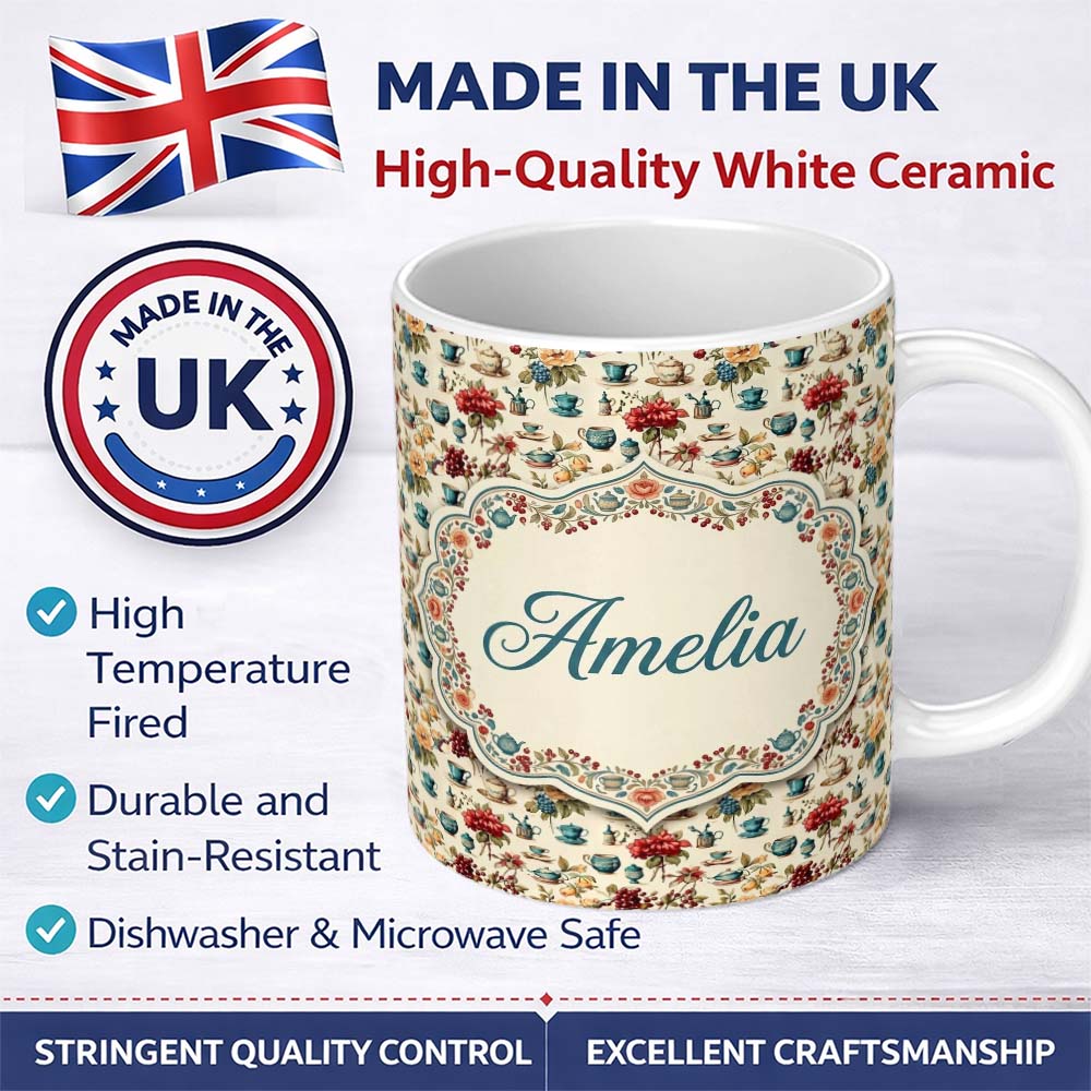 Personalized Custom Name Floral Tea Cups Vintage Botanical Garden Seamless Pattern Custom 11oz Ceramic Coffee Tea Mug White Large Handle