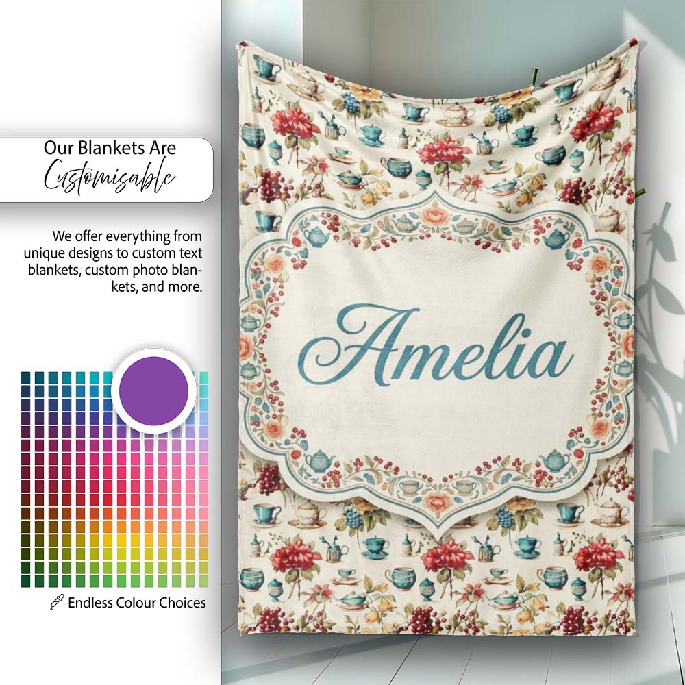 Floral Tea Cups Vintage Botanical Garden Seamless Pattern Custom Personalised Custom Name Super Soft Fleece Blanket Bed Sofa Throw