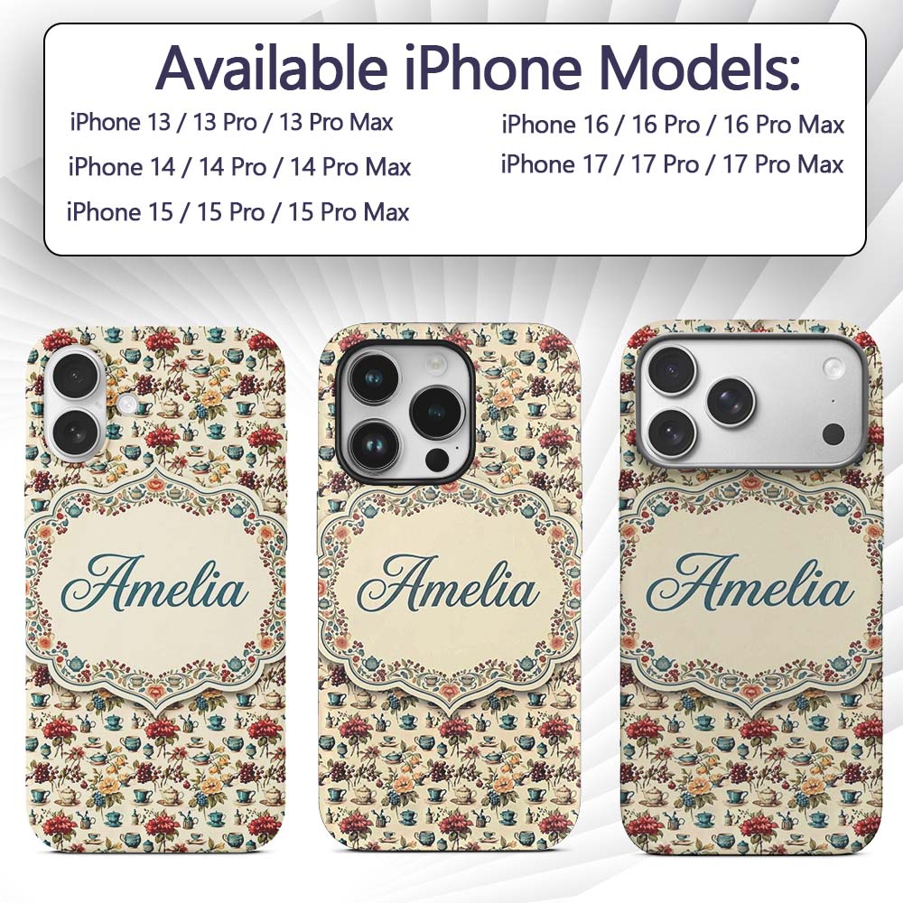 Floral Tea Cups Vintage Botanical Garden Seamless Custom Name Protective Phone Case Mobile Cover Durable Everyday Smartphone Shock Resistant