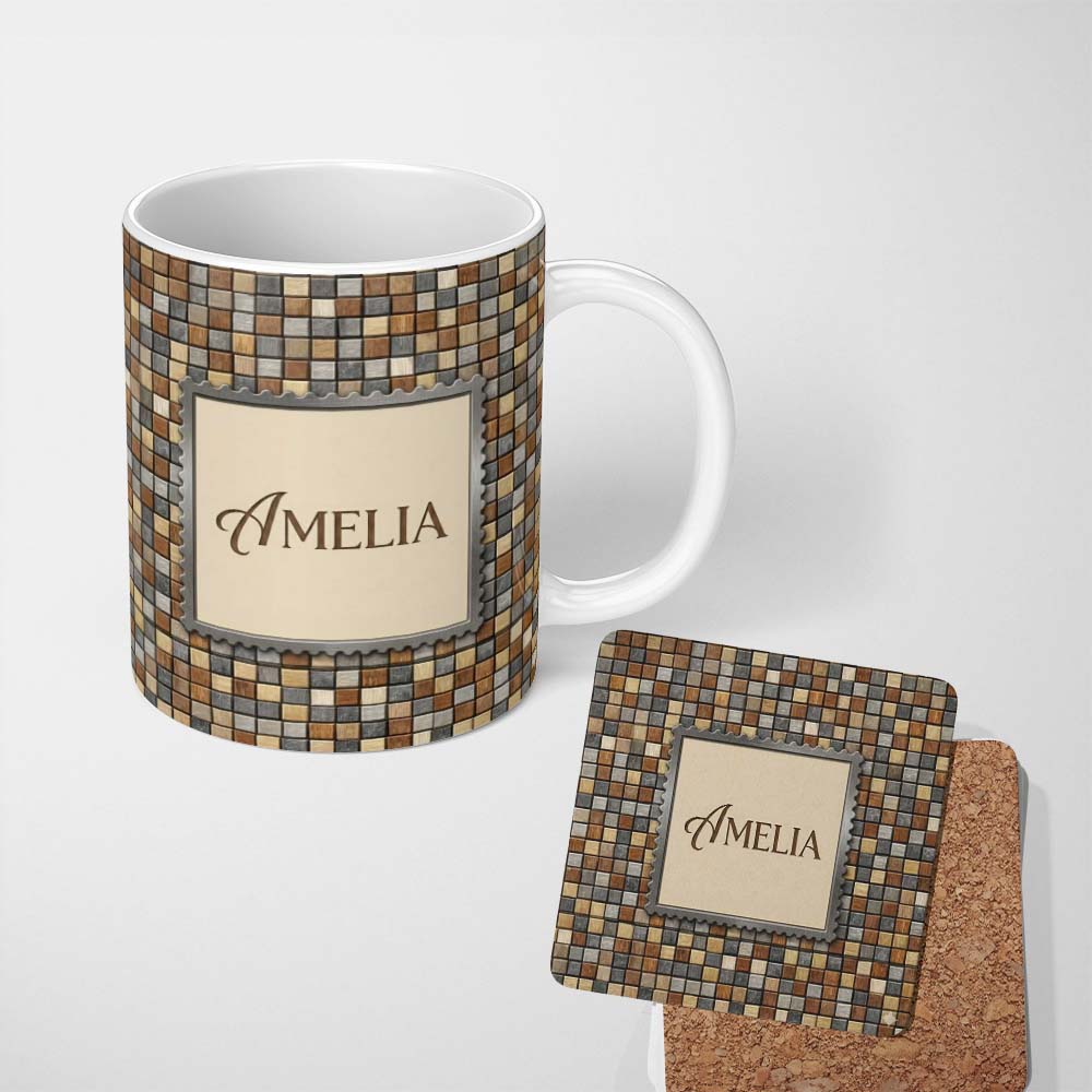 Personalized Custom Name Wood Tile Square Natural Texture Seamless Pattern Cute Unique Gift 11oz Ceramic Coffee Tea Mug White Large Handle