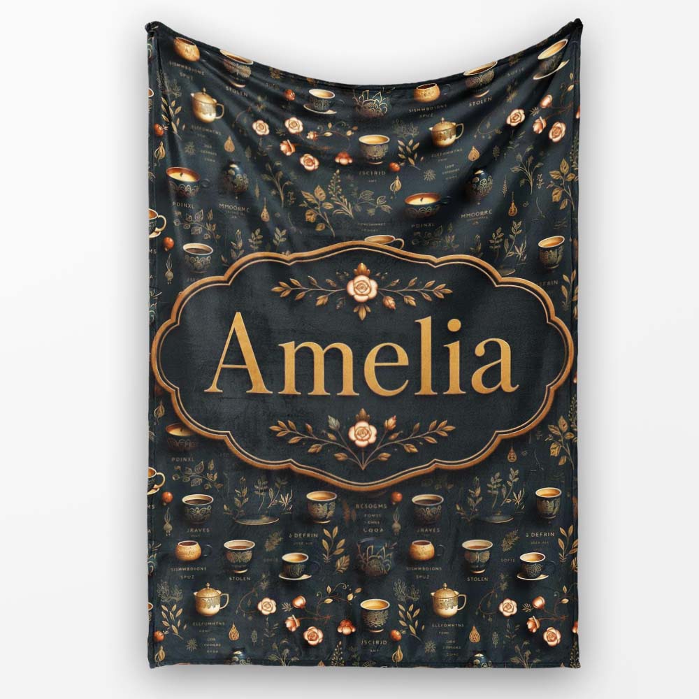 Dark Elegant Tea Coffee Floral Pattern Seamless Name Cute Unique Personalised Custom Name Super Soft Fleece Blanket Bed Sofa Throw