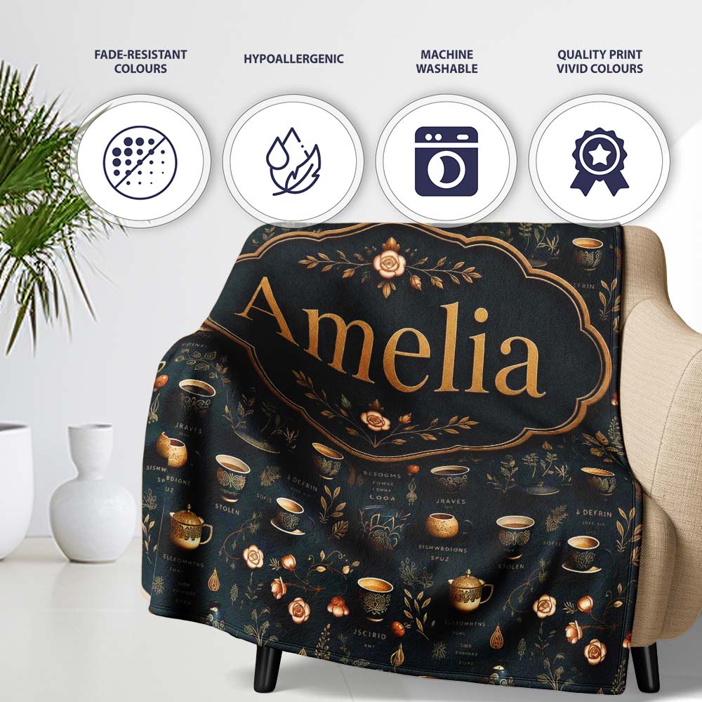 Dark Elegant Tea Coffee Floral Pattern Seamless Name Cute Unique Personalised Custom Name Super Soft Fleece Blanket Bed Sofa Throw