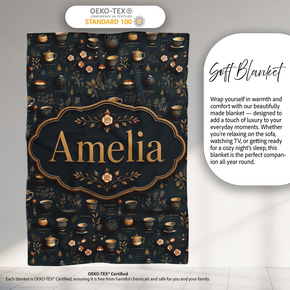 Dark Elegant Tea Coffee Floral Pattern Seamless Name Cute Unique Personalised Custom Name Super Soft Fleece Blanket Bed Sofa Throw