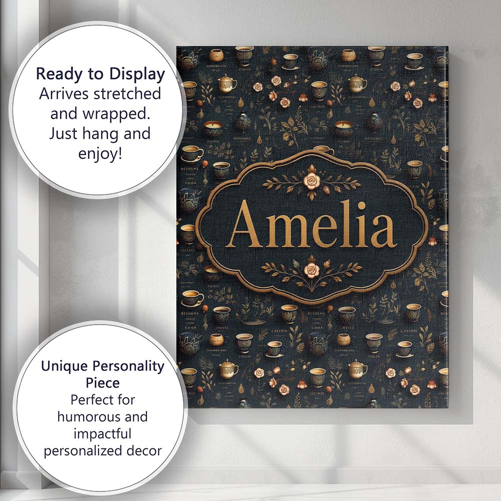 Personalised Name Dark Elegant Tea Coffee Custom Bespoke Decorative Contemporary Canvas Wall Art Print Decor Picture Ready to Hang