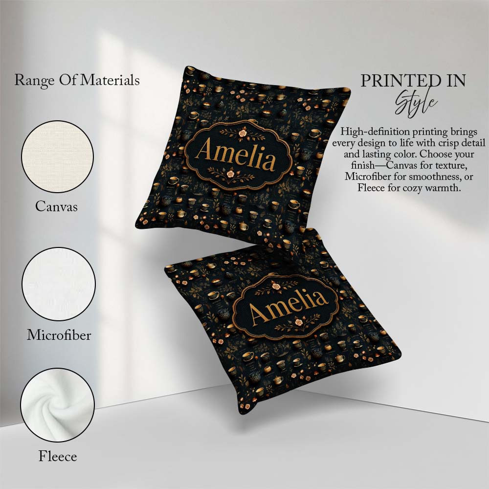 Custom Name Dark Elegant Tea Floral Pattern Seamless Name Cute Square Filled Cushion Throw Pillow Sofa Bed Home Decor Zip Washable UK Made