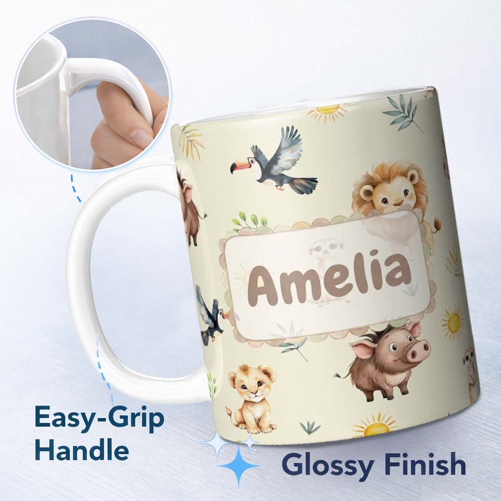 Personalized Custom Name Cute Safari Animal Lion Meerkat Toucan and Warthog with Sun and 11oz Ceramic Coffee Tea Mug White Large Handle