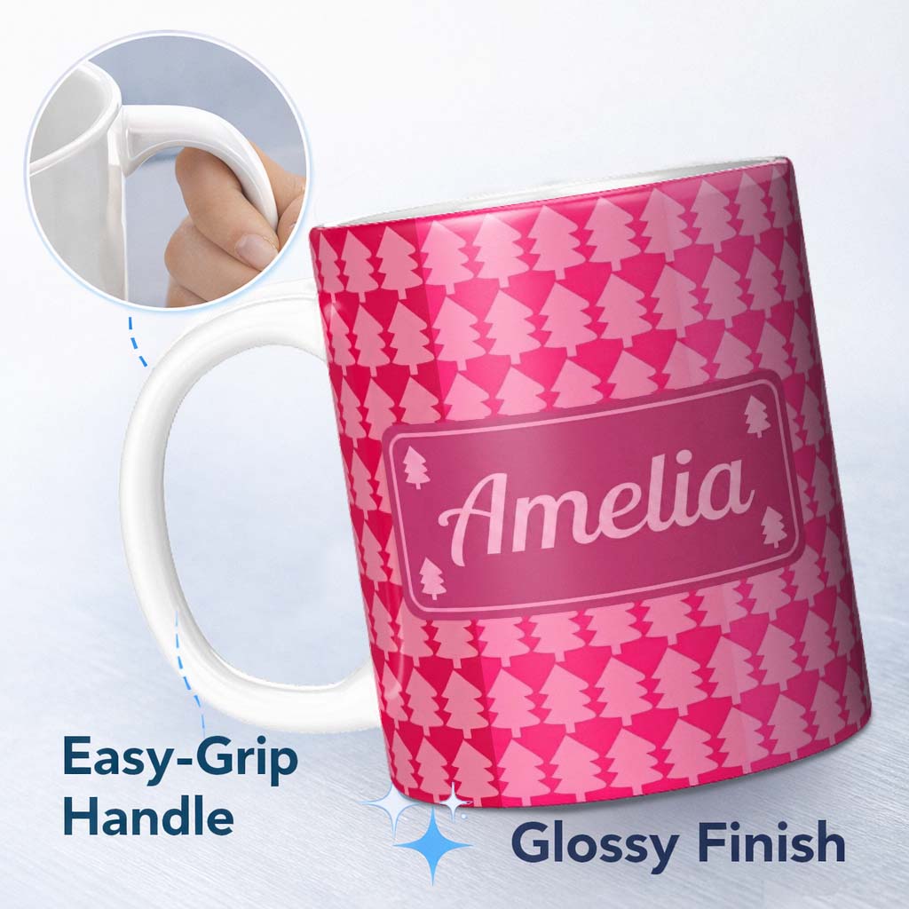 Personalized Custom Name Minimal Pink Christmas Trees Geometric Seamless Pattern Lovely 11oz Ceramic Coffee Tea Mug White Large Handle