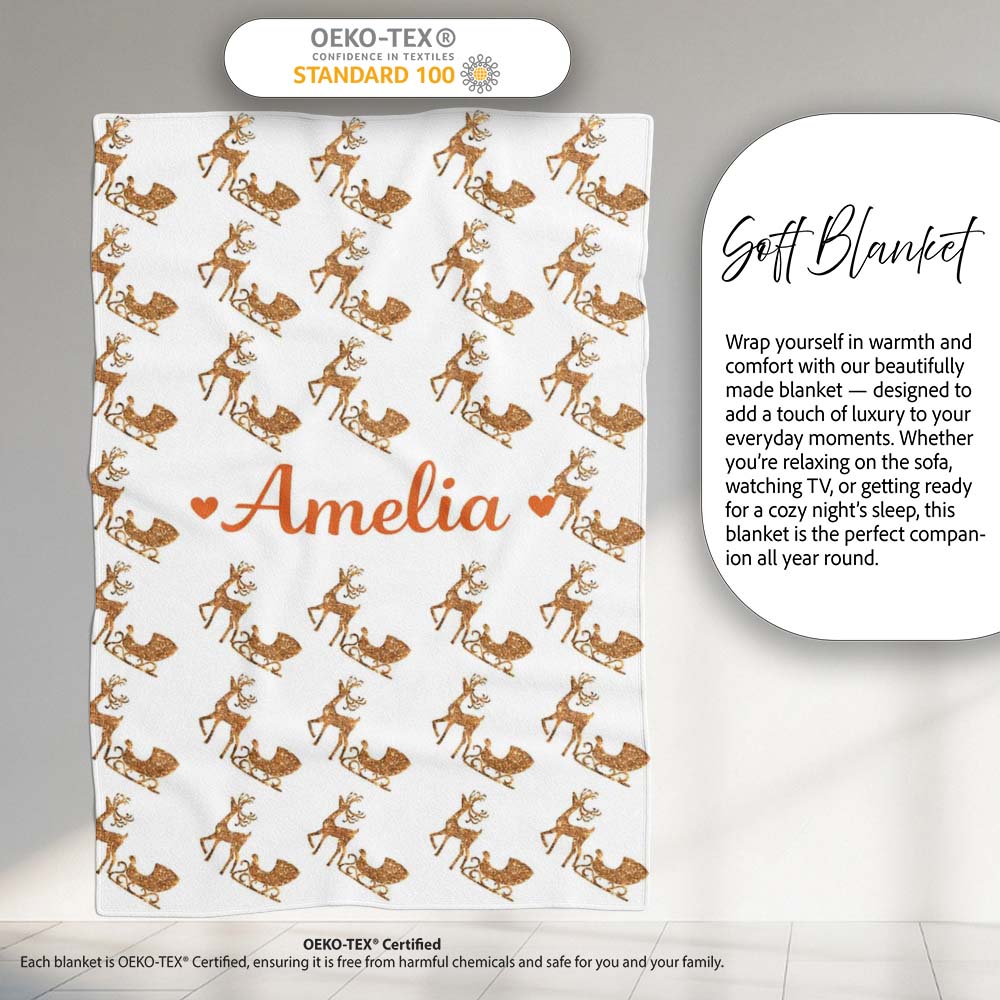 Gold Glitter Reindeer Sleigh Christmas White Background Seamless Personalised Custom Name Super Soft Fleece Blanket Bed Sofa Throw