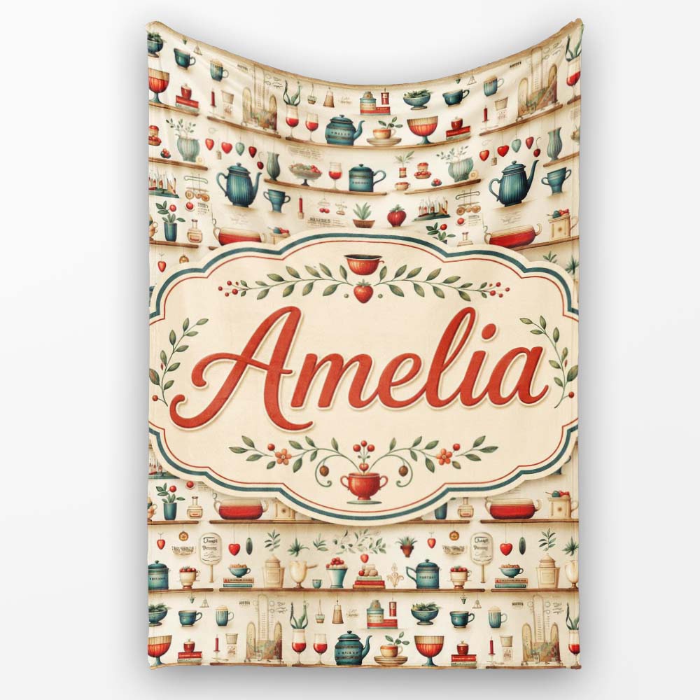 Vintage Herbs Fruits Cooking Items Seamless Pattern Name Personalised Custom Name Super Soft Fleece Blanket Bed Sofa Throw